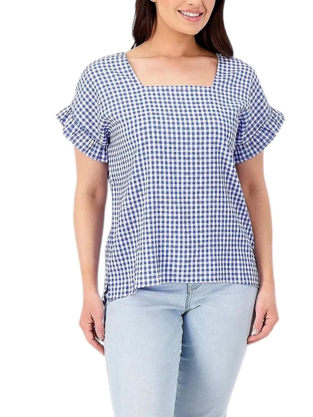 Girl With Curves Top XL Gingham Flutter Sleeve Blouse French Blue White Preppy